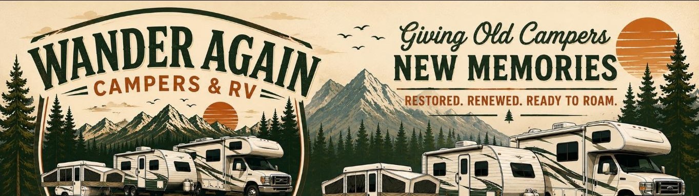Illustrated Wander Again campers in an outdoor mountain landscape